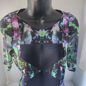 MILLY Orchid Ikat Black Mesh Zipper Top Size 2